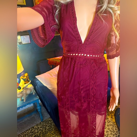 Maroon Burgundy Boho Sheer Lace Dress Sz L - NEW - Picture 3 of 7